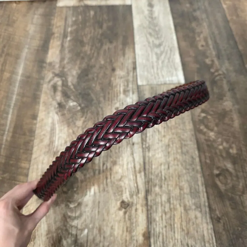 Burgundy Braided Belt Gold Tone Buckle Boho Western Size Large
